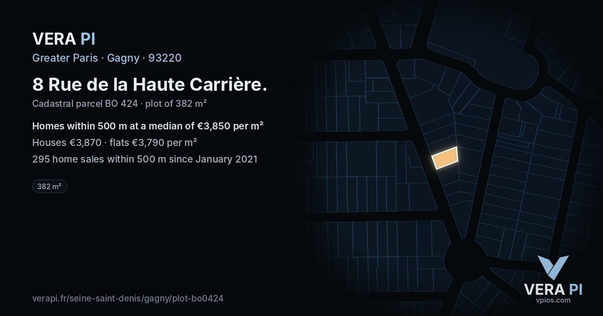8 Rue de la Haute Carrière, Gagny at night – the plot lit, the parcels around coloured by the prices near them