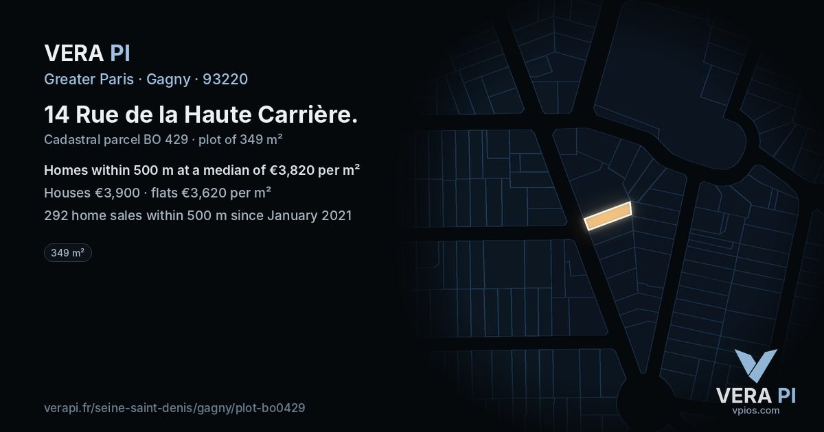 14 Rue de la Haute Carrière, Gagny at night – the plot lit, the parcels around coloured by the prices near them