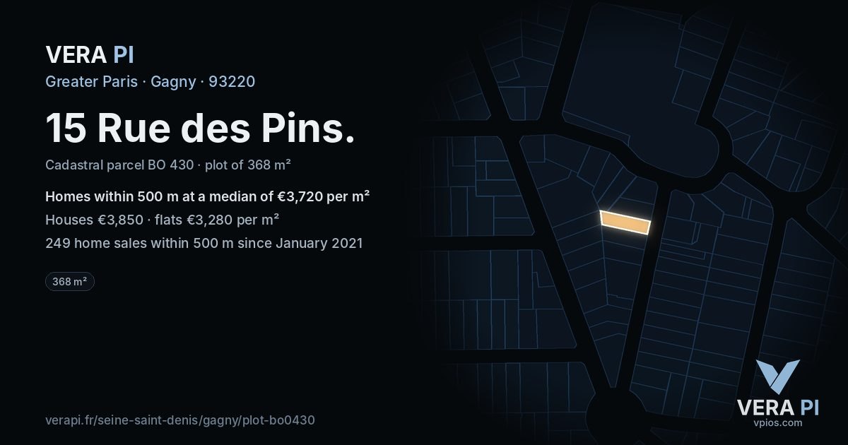 15 Rue des Pins, Gagny at night – the plot lit, the parcels around coloured by the prices near them