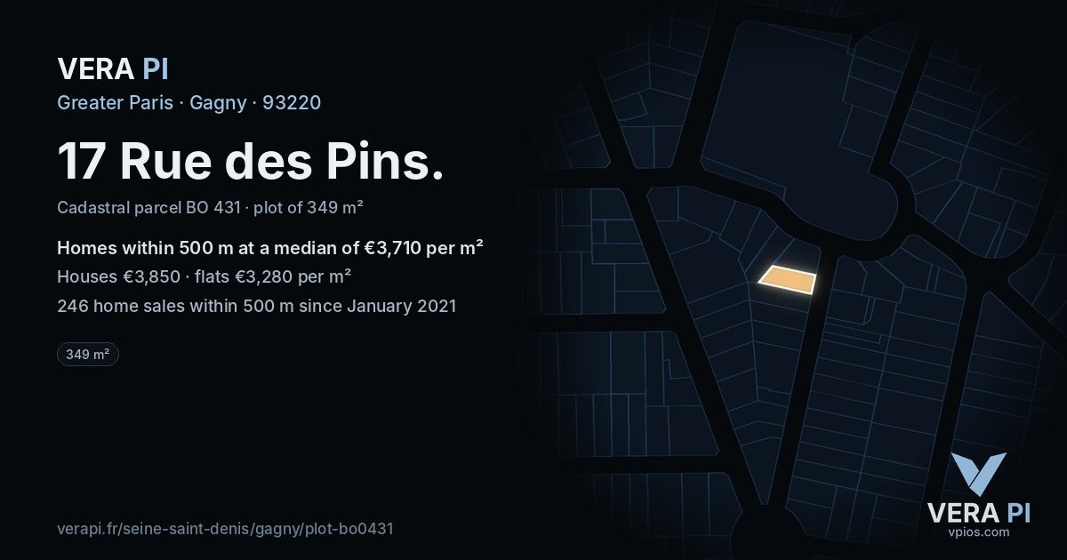 17 Rue des Pins, Gagny at night – the plot lit, the parcels around coloured by the prices near them
