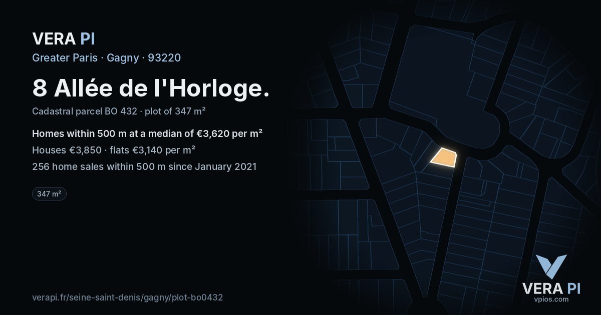 8 Allée de l'Horloge, Gagny at night – the plot lit, the parcels around coloured by the prices near them