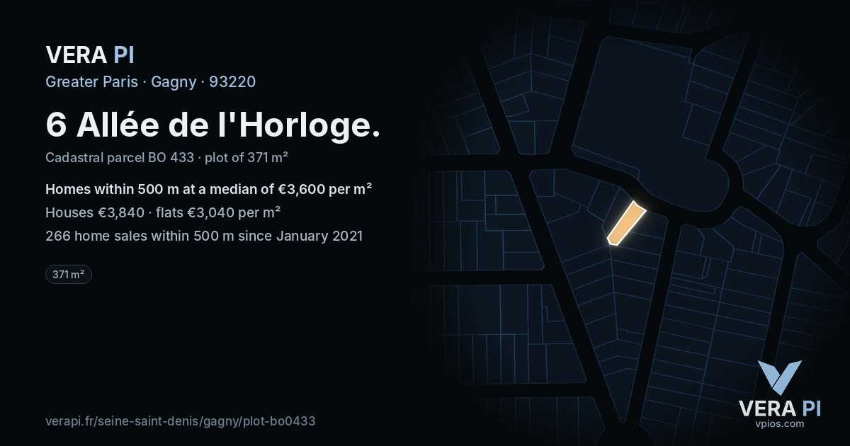 6 Allée de l'Horloge, Gagny at night – the plot lit, the parcels around coloured by the prices near them