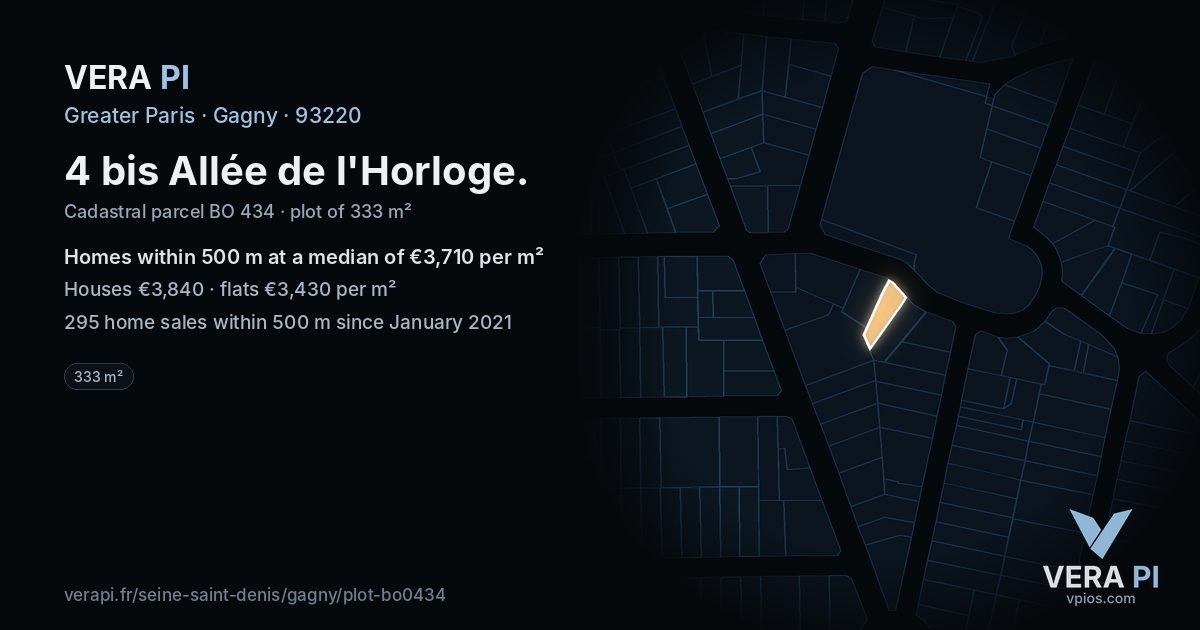 4 bis Allée de l'Horloge, Gagny at night – the plot lit, the parcels around coloured by the prices near them