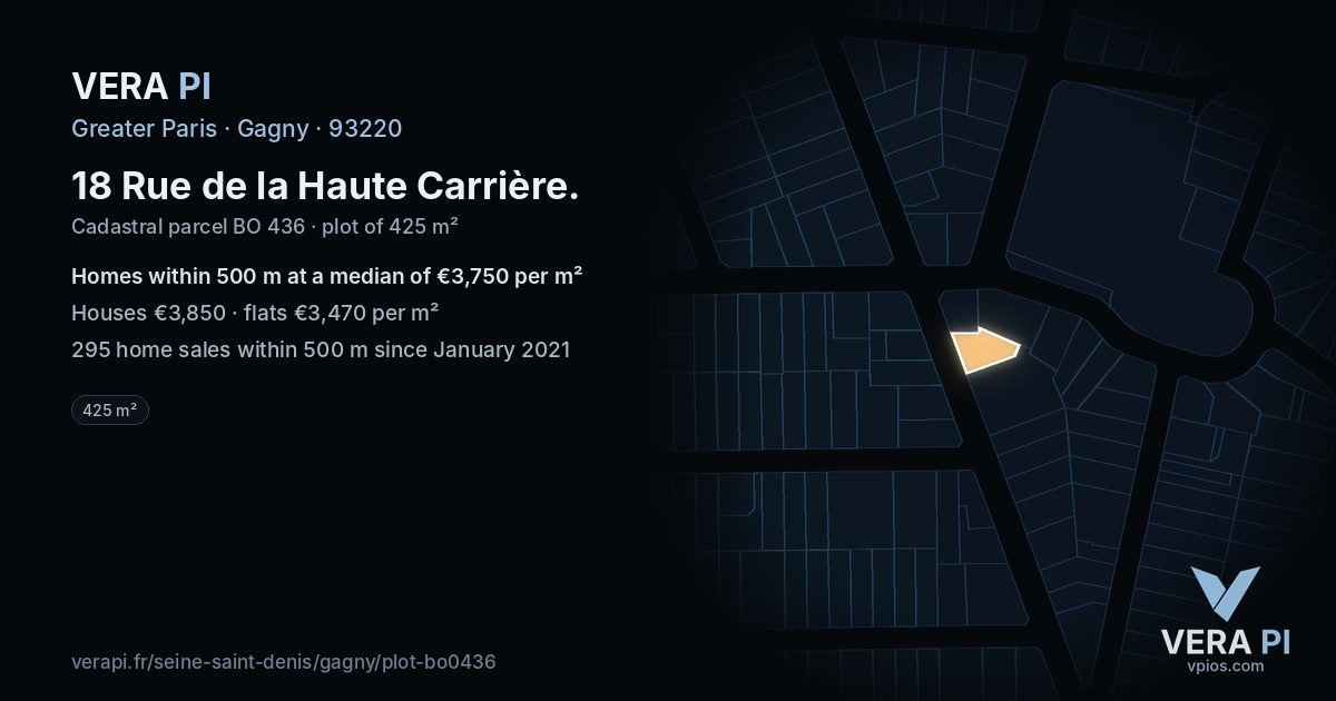 18 Rue de la Haute Carrière, Gagny at night – the plot lit, the parcels around coloured by the prices near them
