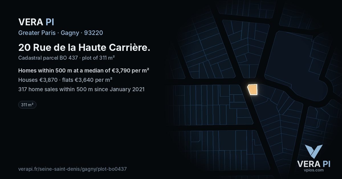 20 Rue de la Haute Carrière, Gagny at night – the plot lit, the parcels around coloured by the prices near them