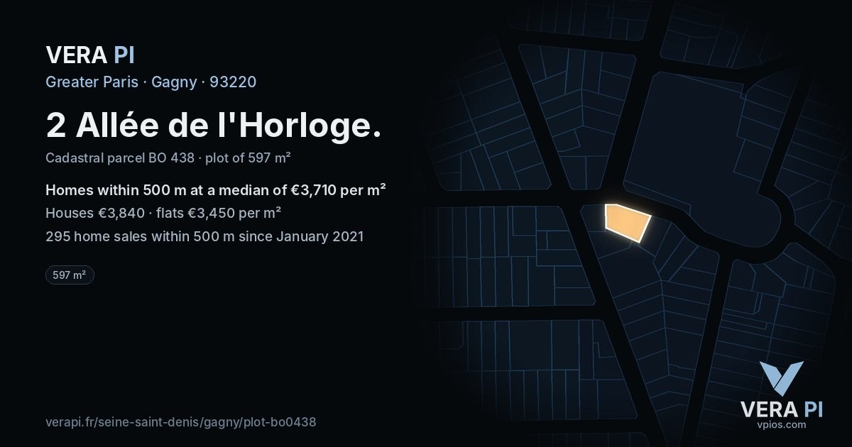 2 Allée de l'Horloge, Gagny at night – the plot lit, the parcels around coloured by the prices near them