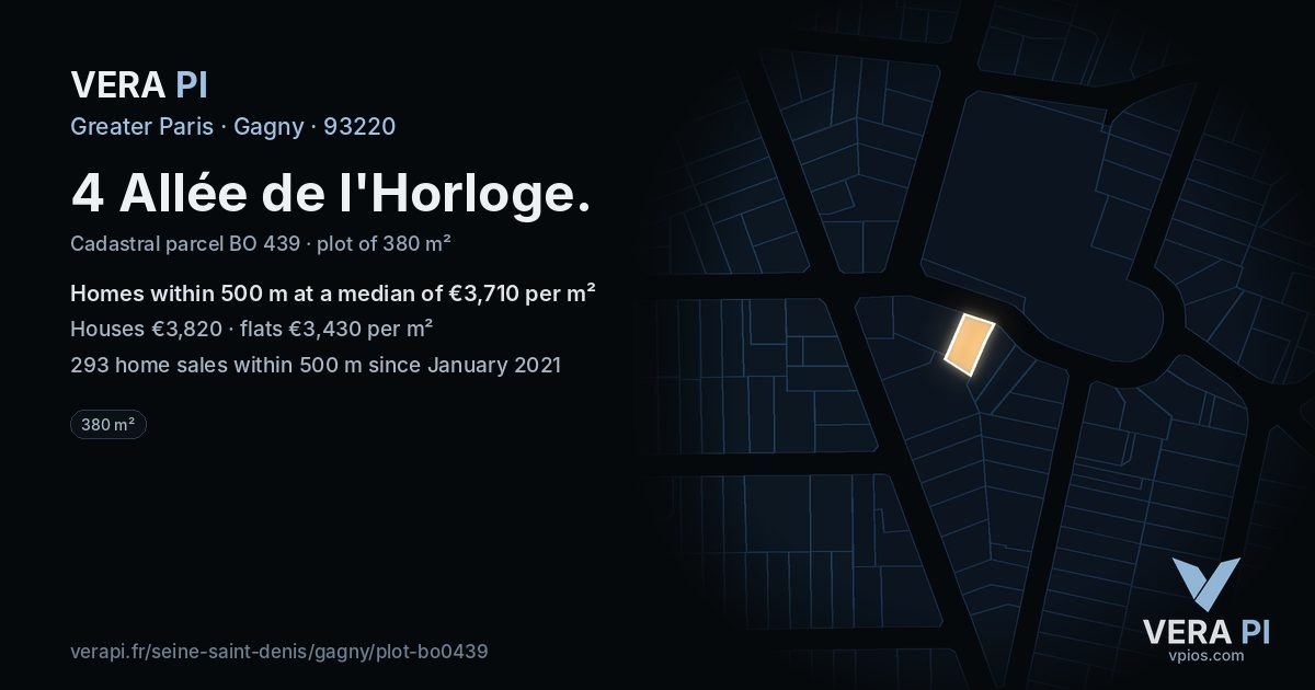 4 Allée de l'Horloge, Gagny at night – the plot lit, the parcels around coloured by the prices near them