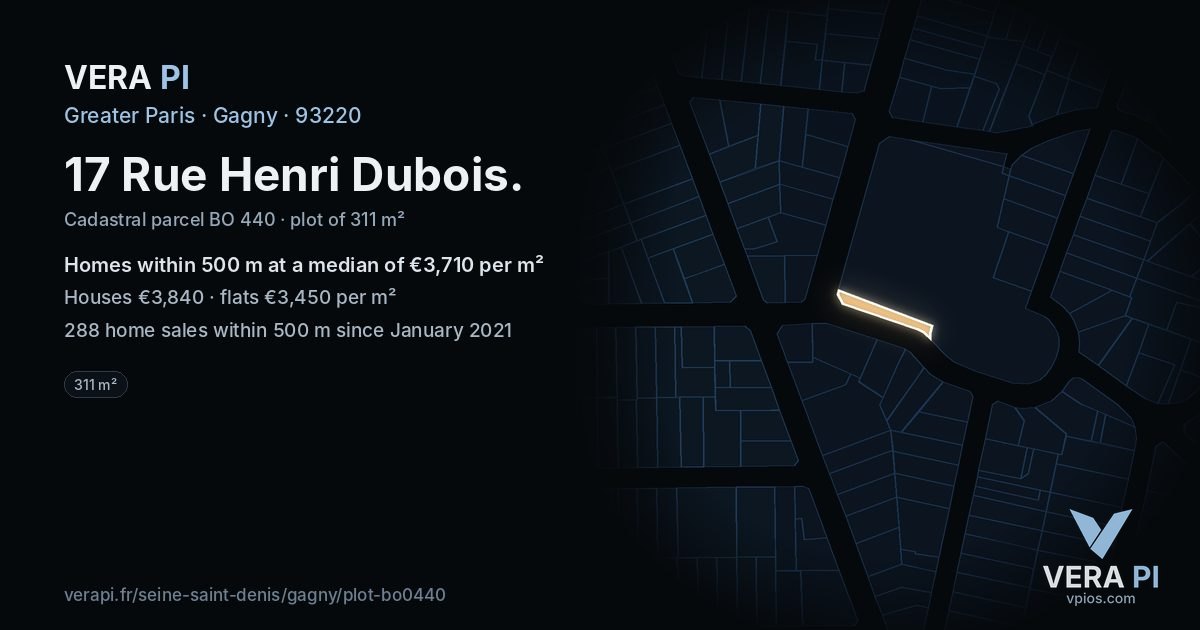 17 Rue Henri Dubois, Gagny at night – the plot lit, the parcels around coloured by the prices near them