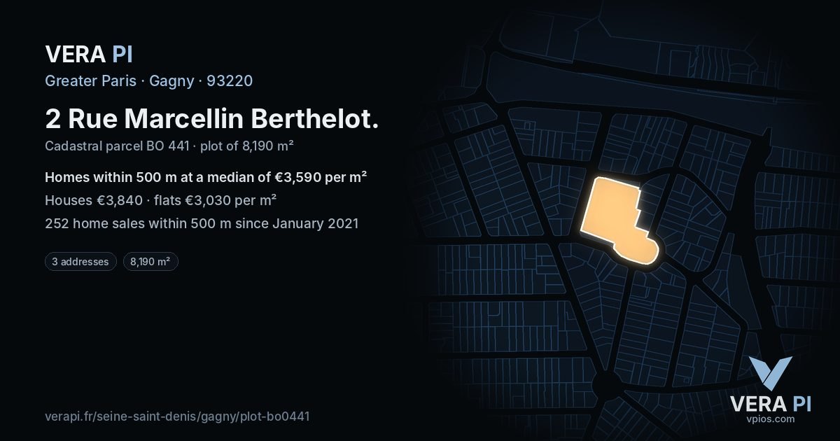 2 Rue Marcellin Berthelot, Gagny at night – the plot lit, the parcels around coloured by the prices near them