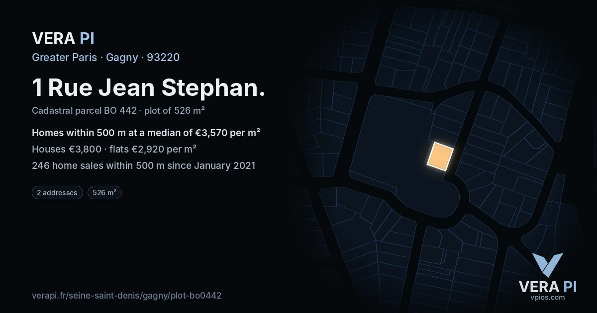 1 Rue Jean Stephan, Gagny at night – the plot lit, the parcels around coloured by the prices near them