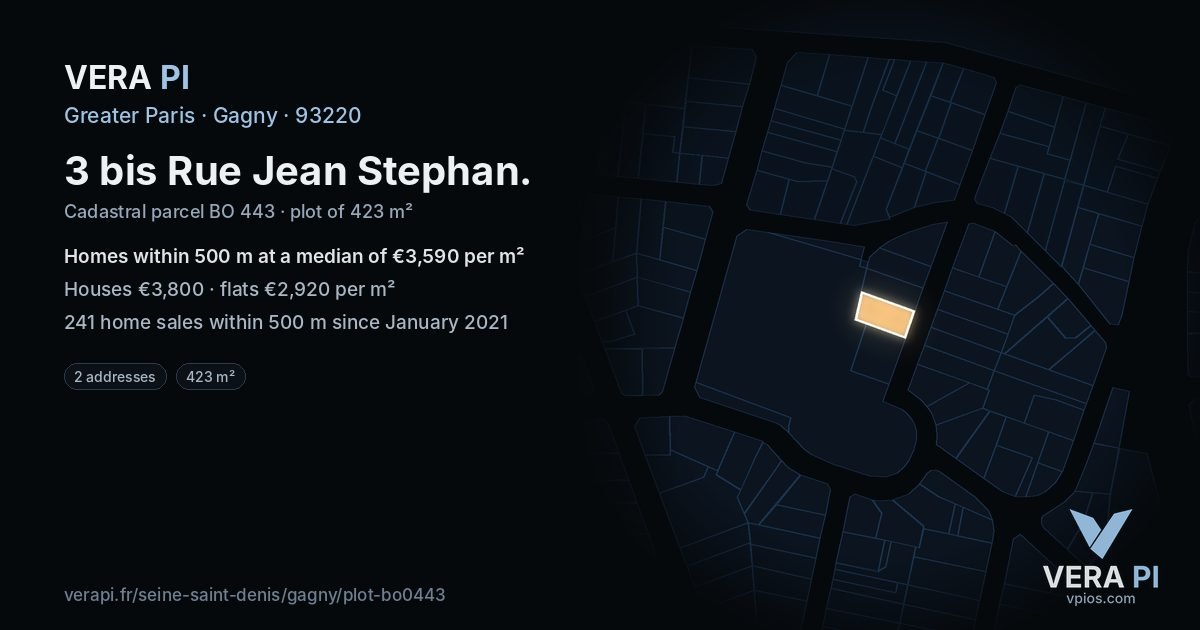 3 bis Rue Jean Stephan, Gagny at night – the plot lit, the parcels around coloured by the prices near them