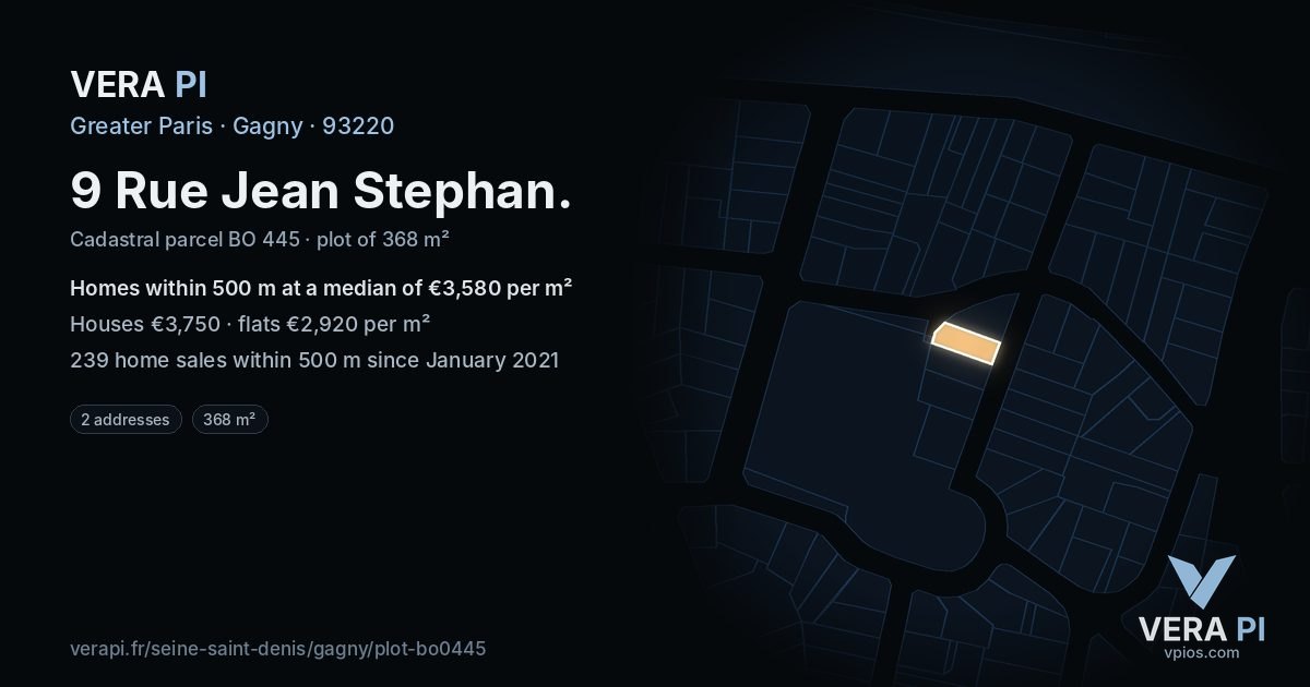 9 Rue Jean Stephan, Gagny at night – the plot lit, the parcels around coloured by the prices near them