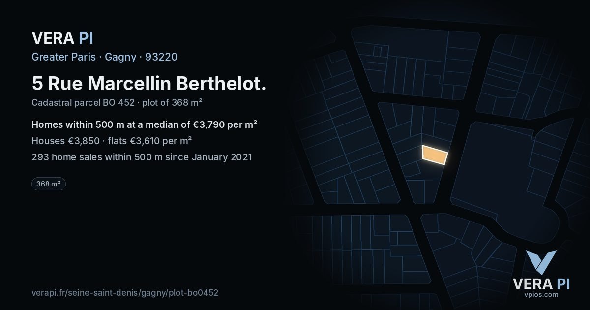 5 Rue Marcellin Berthelot, Gagny at night – the plot lit, the parcels around coloured by the prices near them