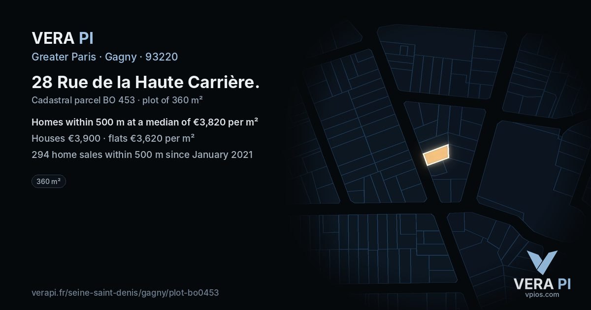 28 Rue de la Haute Carrière, Gagny at night – the plot lit, the parcels around coloured by the prices near them