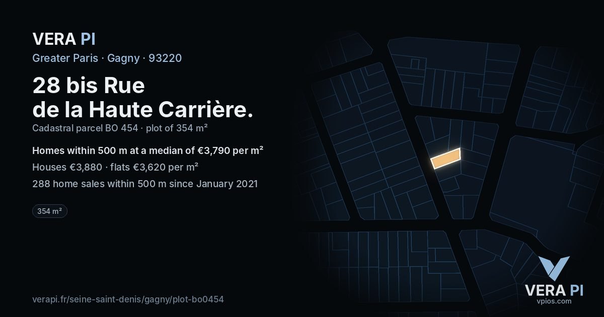 28 bis Rue de la Haute Carrière, Gagny at night – the plot lit, the parcels around coloured by the prices near them
