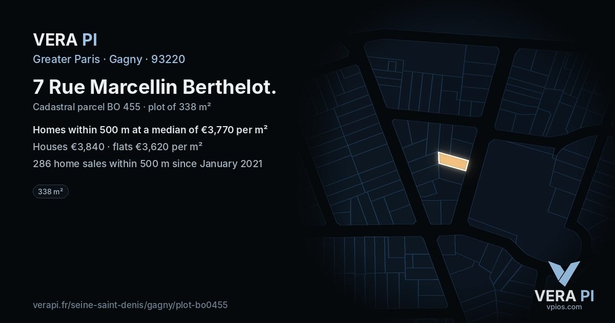 7 Rue Marcellin Berthelot, Gagny at night – the plot lit, the parcels around coloured by the prices near them