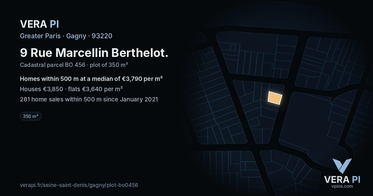 9 Rue Marcellin Berthelot, Gagny at night – the plot lit, the parcels around coloured by the prices near them