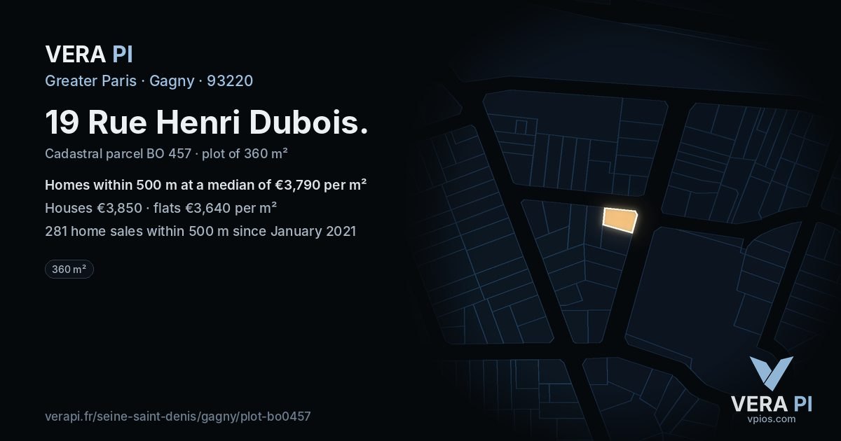 19 Rue Henri Dubois, Gagny at night – the plot lit, the parcels around coloured by the prices near them