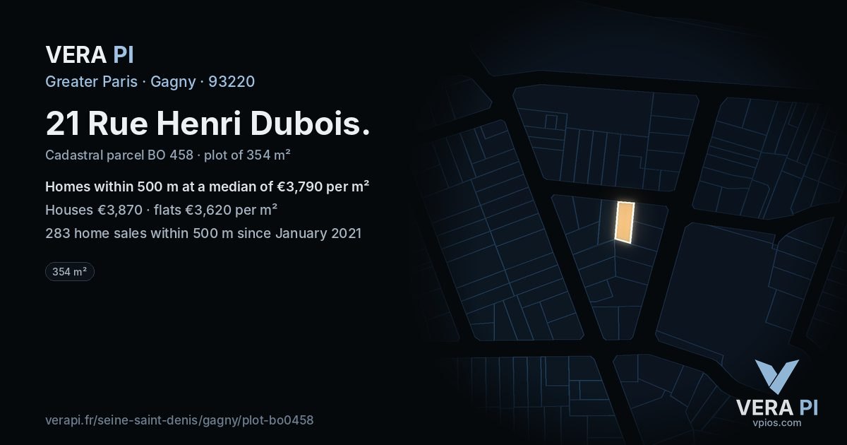 21 Rue Henri Dubois, Gagny at night – the plot lit, the parcels around coloured by the prices near them