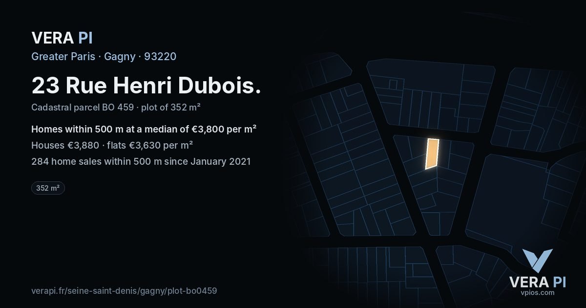 23 Rue Henri Dubois, Gagny at night – the plot lit, the parcels around coloured by the prices near them