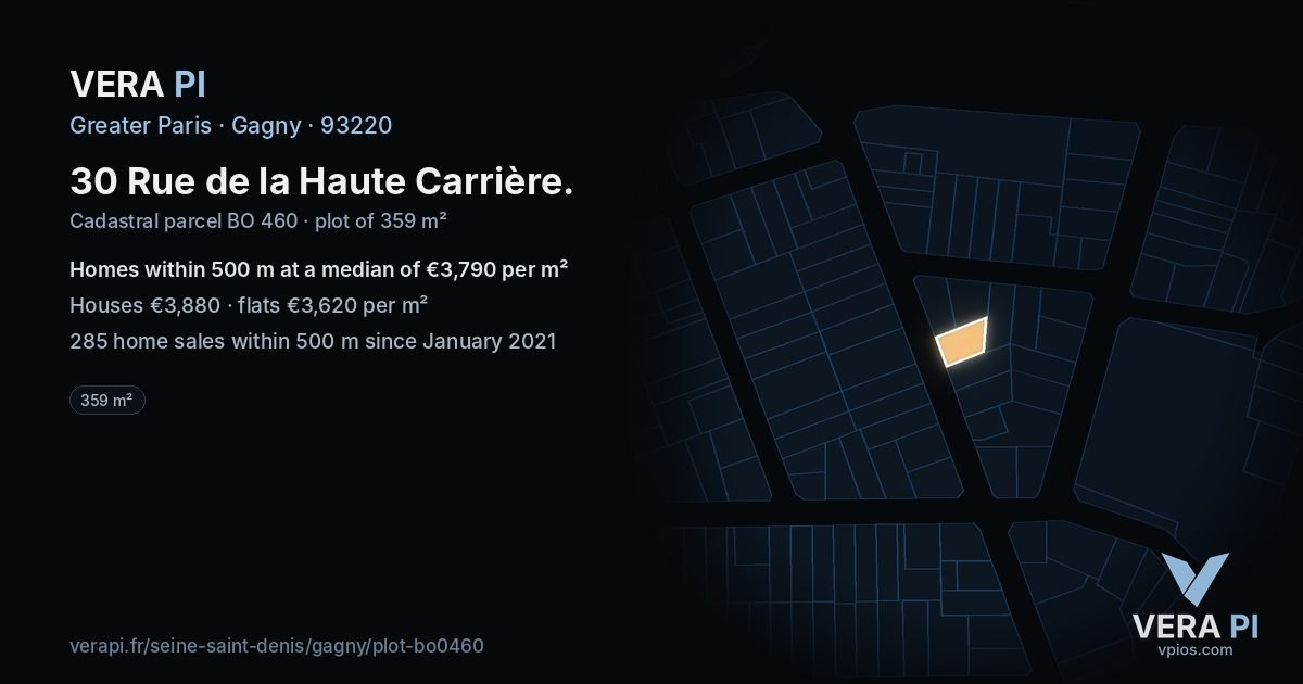 30 Rue de la Haute Carrière, Gagny at night – the plot lit, the parcels around coloured by the prices near them