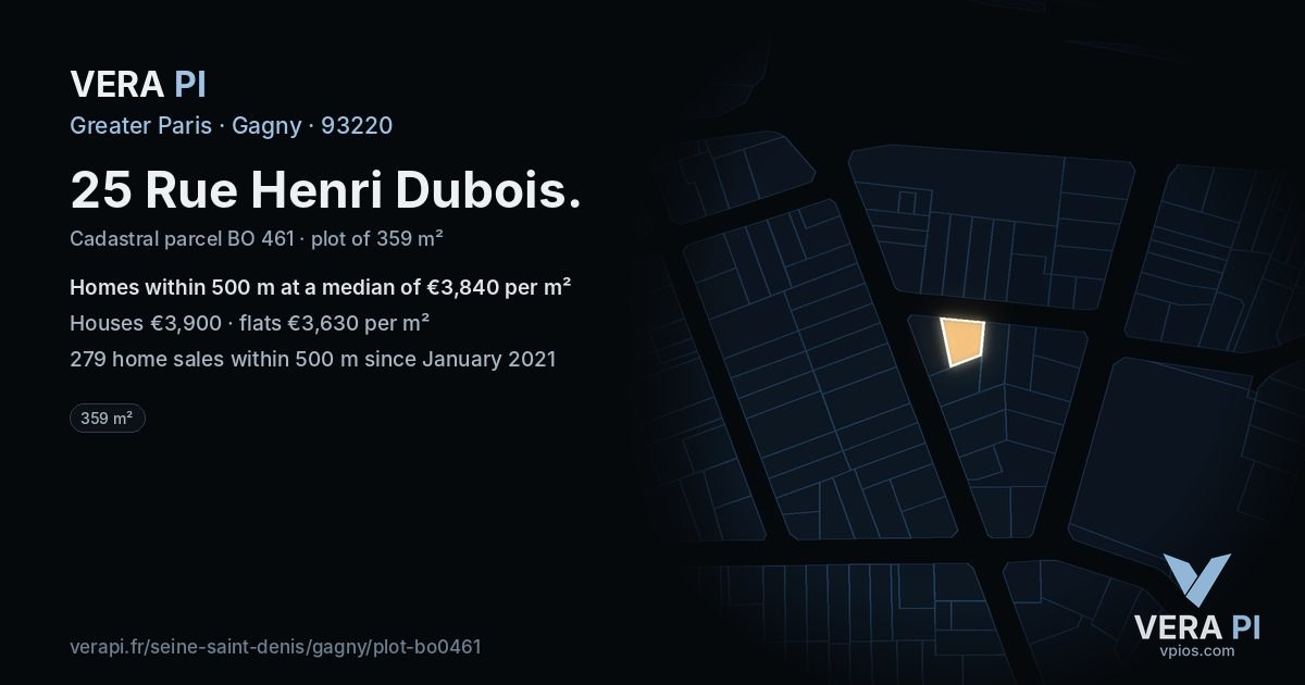 25 Rue Henri Dubois, Gagny at night – the plot lit, the parcels around coloured by the prices near them