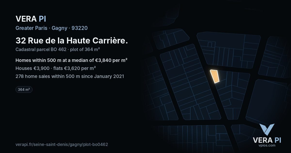 32 Rue de la Haute Carrière, Gagny at night – the plot lit, the parcels around coloured by the prices near them