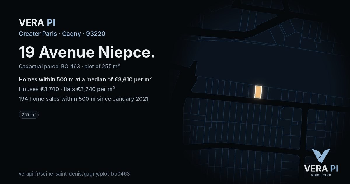 19 Avenue Niepce, Gagny at night – the plot lit, the parcels around coloured by the prices near them