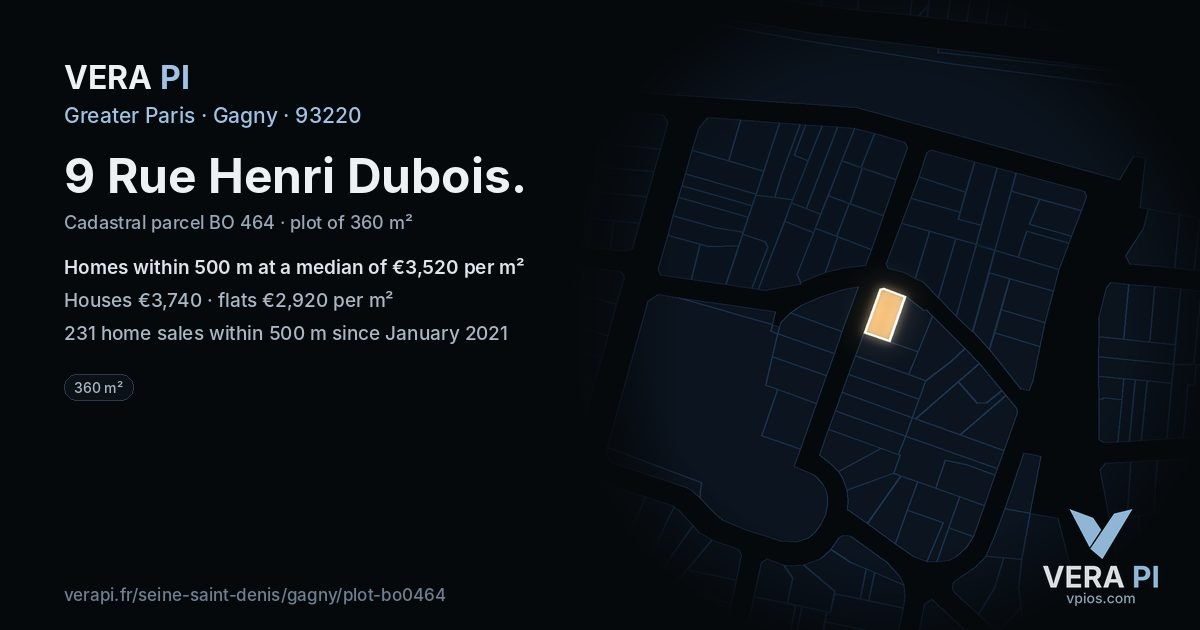 9 Rue Henri Dubois, Gagny at night – the plot lit, the parcels around coloured by the prices near them