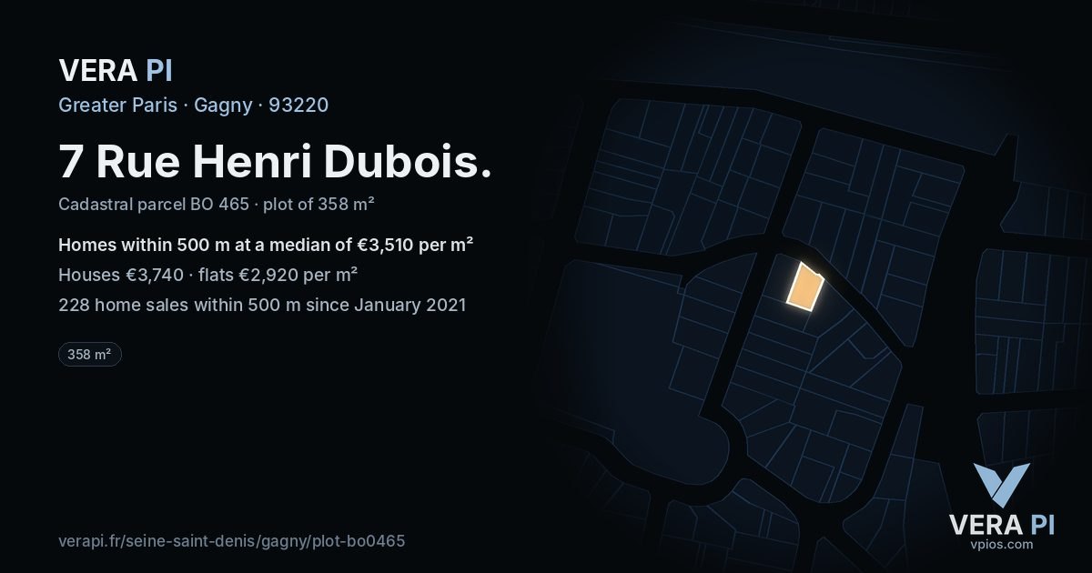 7 Rue Henri Dubois, Gagny at night – the plot lit, the parcels around coloured by the prices near them