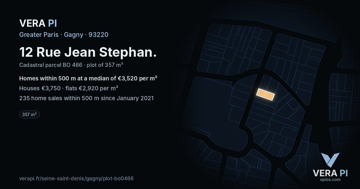 12 Rue Jean Stephan, Gagny at night – the plot lit, the parcels around coloured by the prices near them