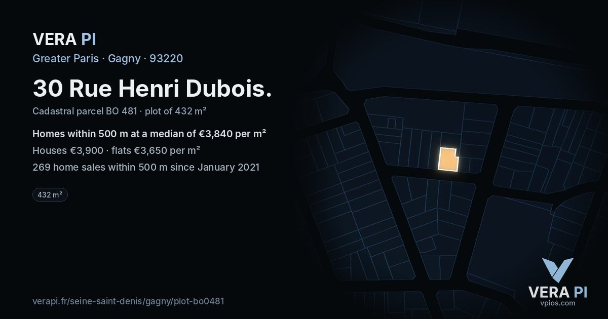 30 Rue Henri Dubois, Gagny at night – the plot lit, the parcels around coloured by the prices near them