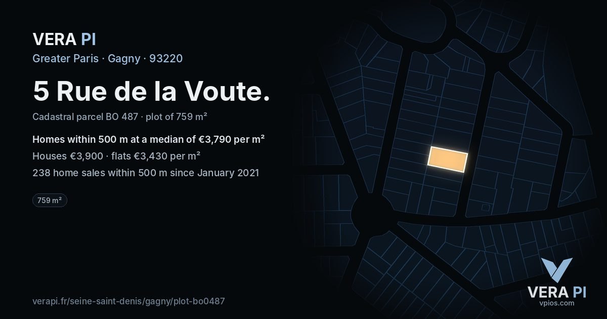 5 Rue de la Voute, Gagny at night – the plot lit, the parcels around coloured by the prices near them