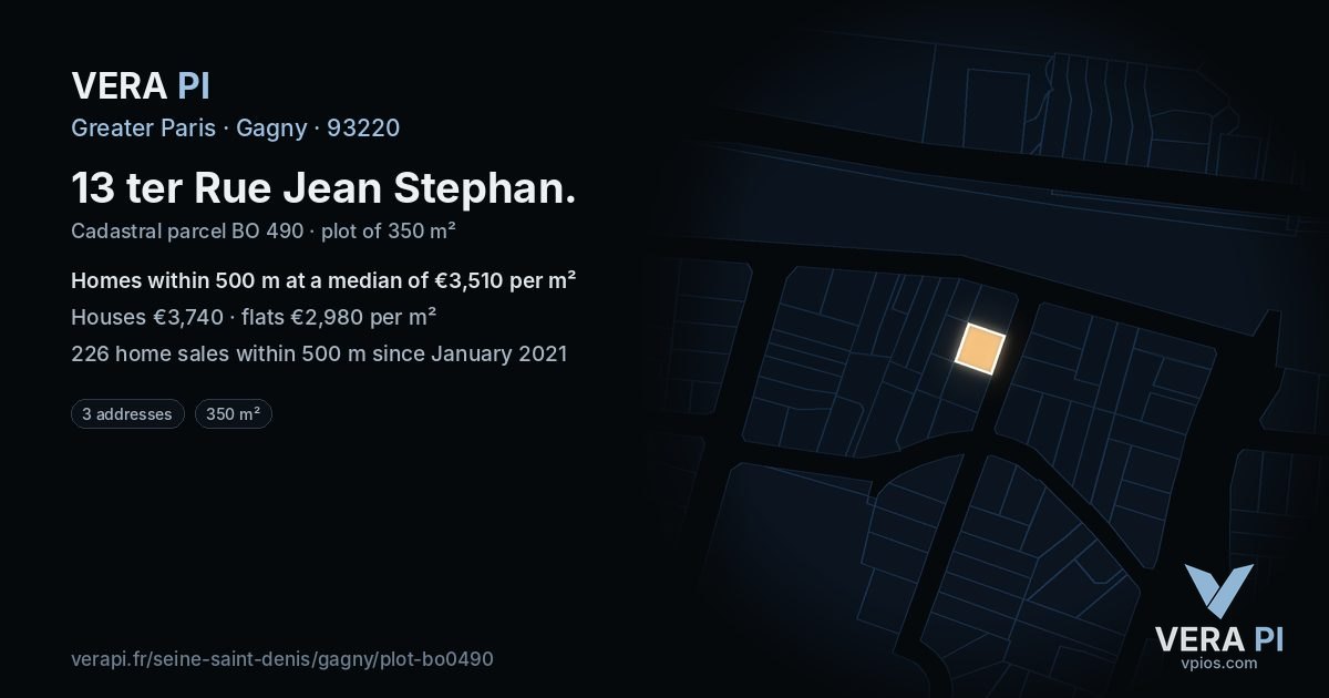 13 ter Rue Jean Stephan, Gagny at night – the plot lit, the parcels around coloured by the prices near them