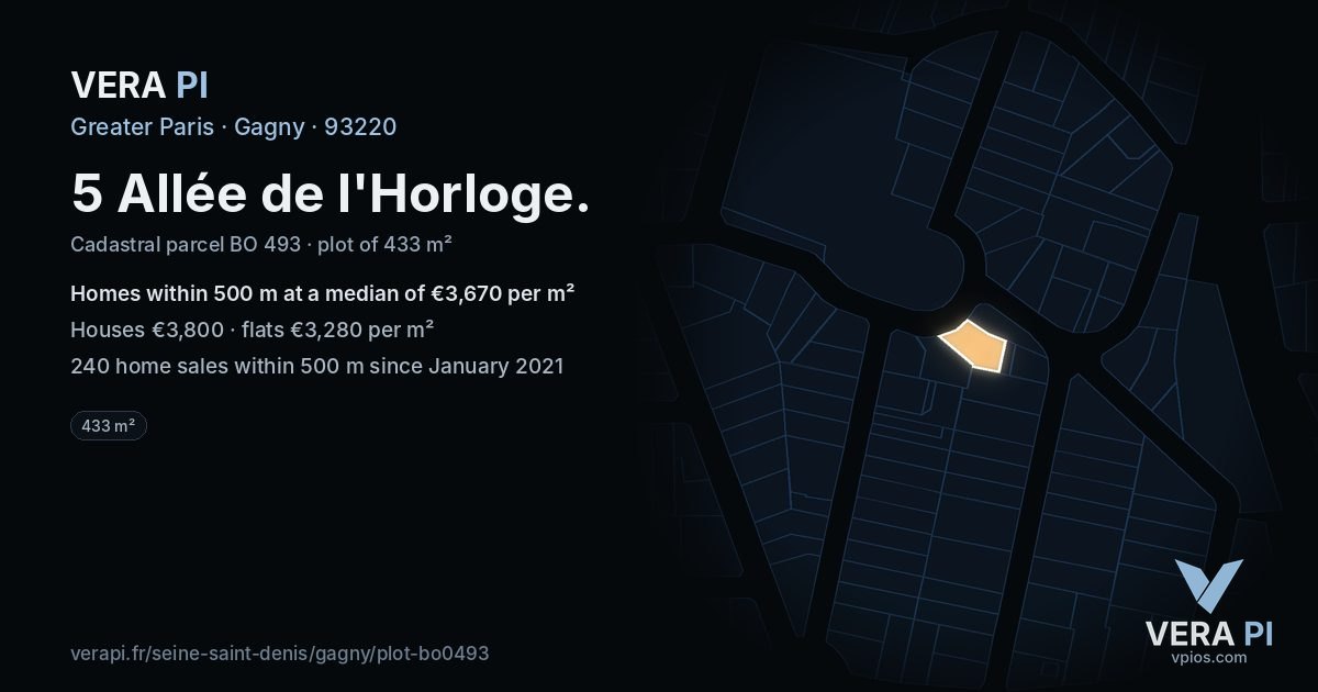 5 Allée de l'Horloge, Gagny at night – the plot lit, the parcels around coloured by the prices near them
