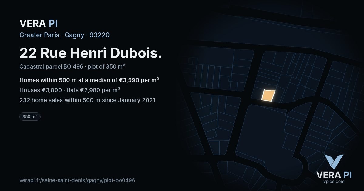 22 Rue Henri Dubois, Gagny at night – the plot lit, the parcels around coloured by the prices near them