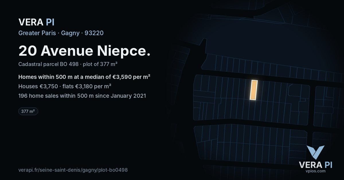 20 Avenue Niepce, Gagny at night – the plot lit, the parcels around coloured by the prices near them