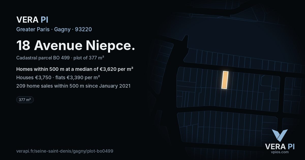18 Avenue Niepce, Gagny at night – the plot lit, the parcels around coloured by the prices near them