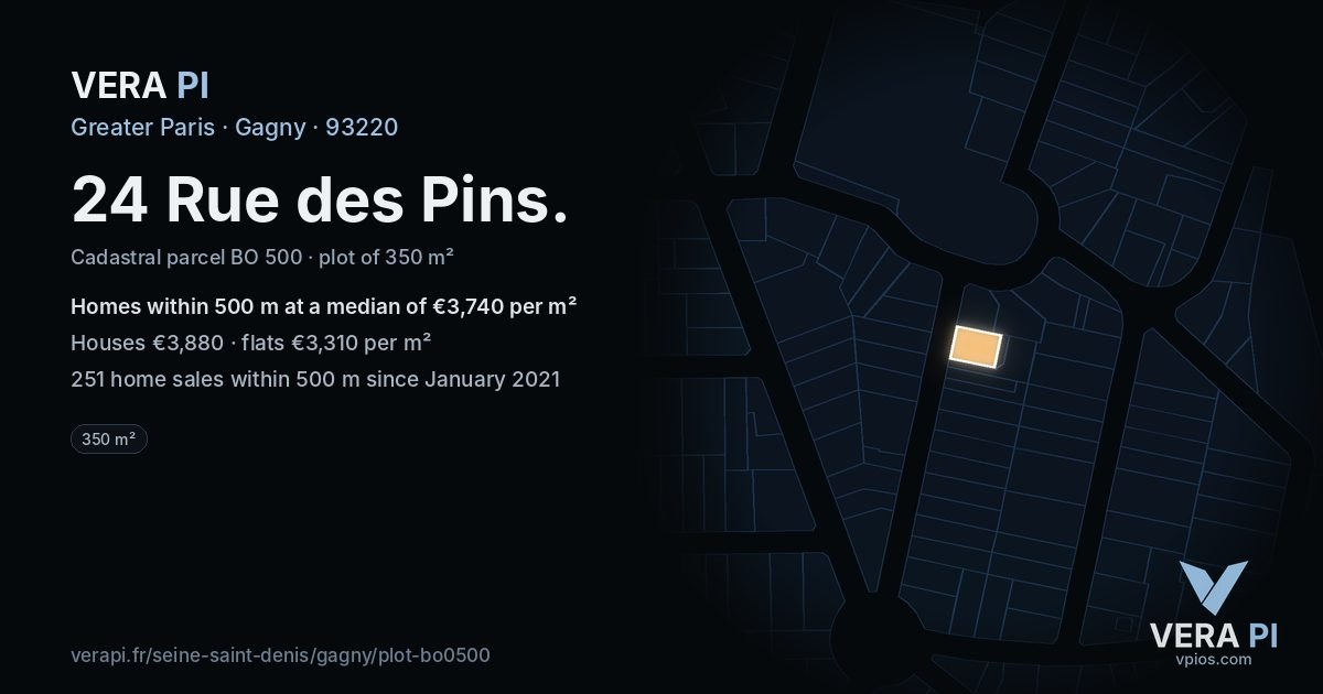 24 Rue des Pins, Gagny at night – the plot lit, the parcels around coloured by the prices near them
