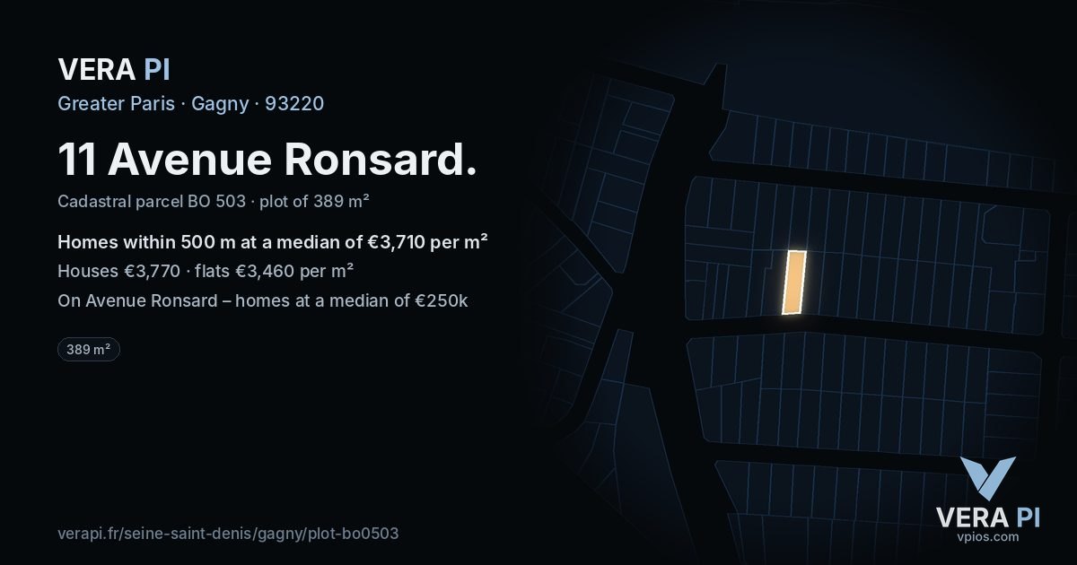 11 Avenue Ronsard, Gagny at night – the plot lit, the parcels around coloured by the prices near them