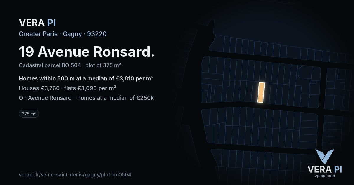 19 Avenue Ronsard, Gagny at night – the plot lit, the parcels around coloured by the prices near them