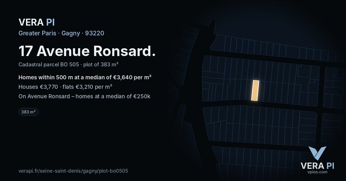17 Avenue Ronsard, Gagny at night – the plot lit, the parcels around coloured by the prices near them