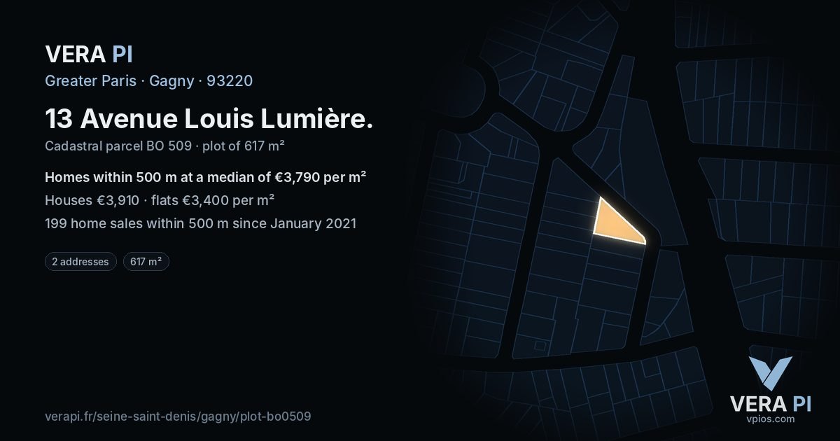 13 Avenue Louis Lumière, Gagny at night – the plot lit, the parcels around coloured by the prices near them