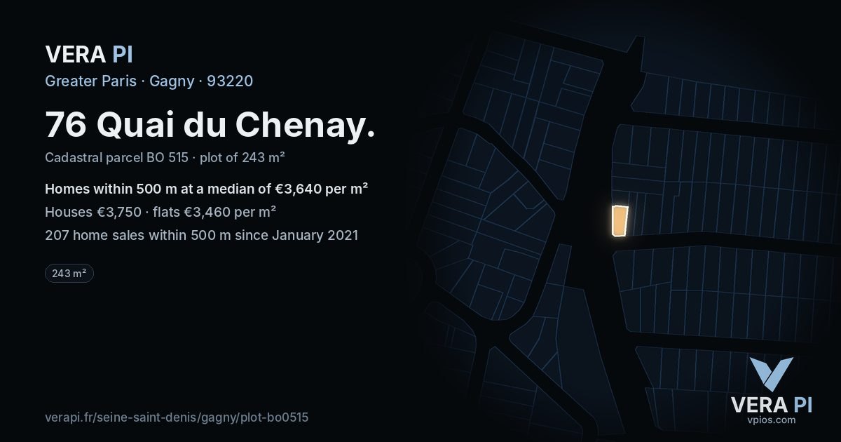 76 Quai du Chenay, Gagny at night – the plot lit, the parcels around coloured by the prices near them