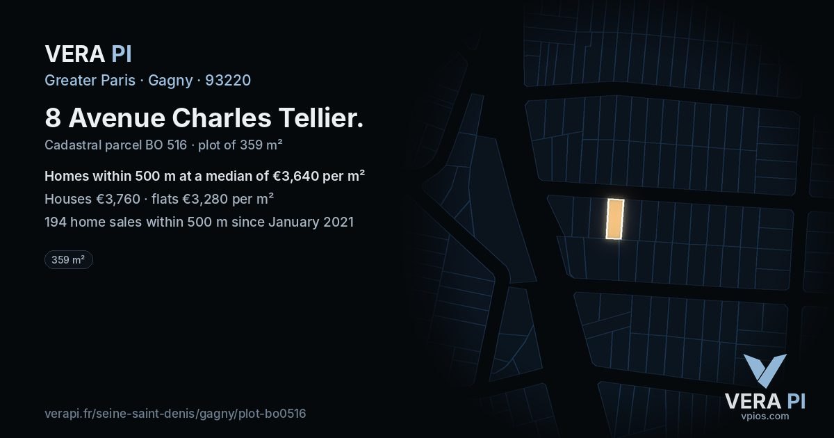 8 Avenue Charles Tellier, Gagny at night – the plot lit, the parcels around coloured by the prices near them