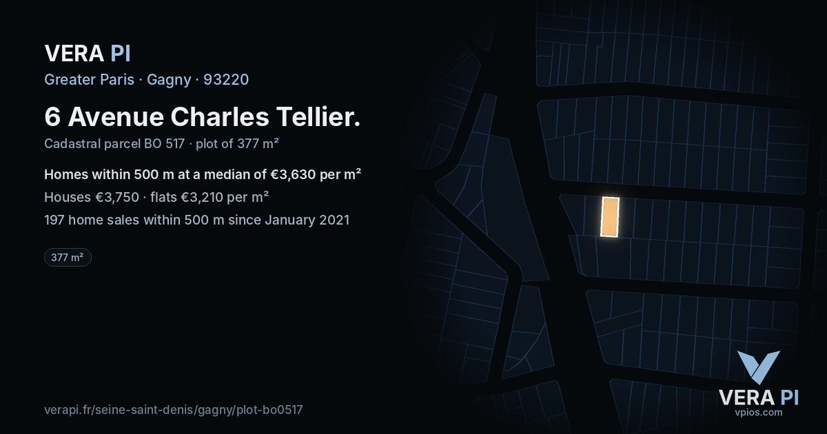 6 Avenue Charles Tellier, Gagny at night – the plot lit, the parcels around coloured by the prices near them