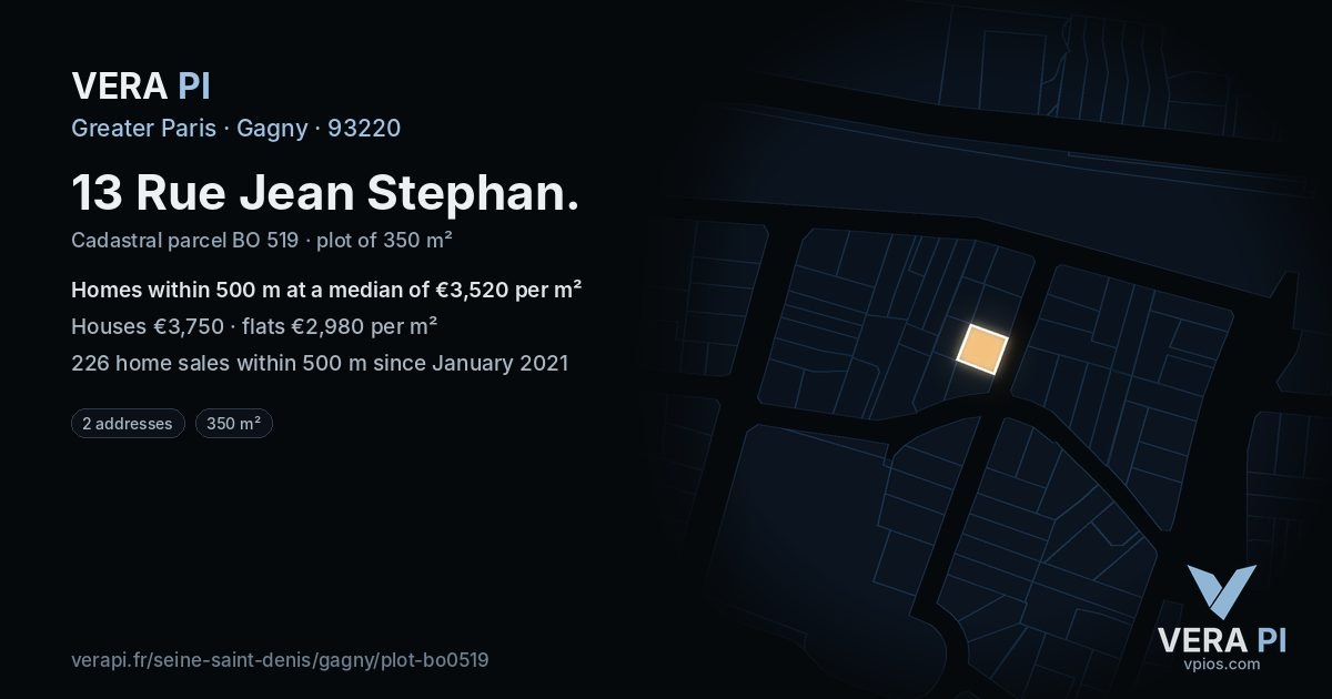 13 Rue Jean Stephan, Gagny at night – the plot lit, the parcels around coloured by the prices near them