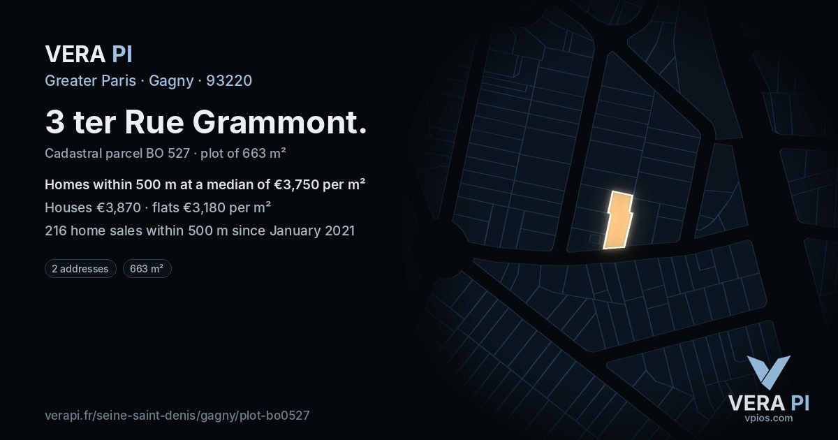 3 ter Rue Grammont, Gagny at night – the plot lit, the parcels around coloured by the prices near them