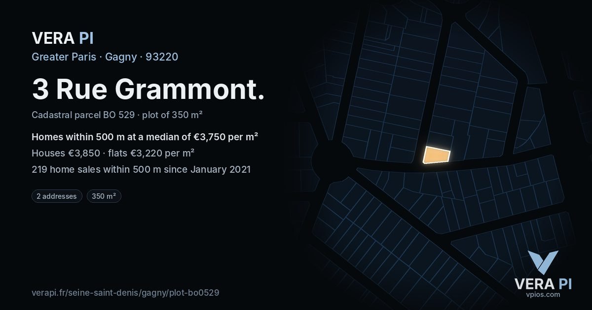 3 Rue Grammont, Gagny at night – the plot lit, the parcels around coloured by the prices near them