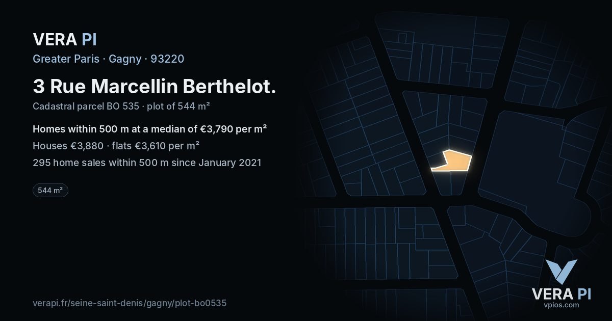 3 Rue Marcellin Berthelot, Gagny at night – the plot lit, the parcels around coloured by the prices near them